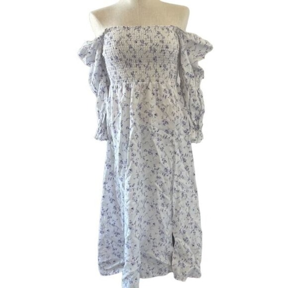 Reformation Midi Dress Smocked Puff Sleeves White Linen Floral Long Slit Medium - Picture 2 of 15